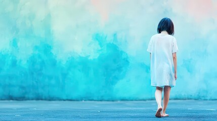 A young woman walking barefoot through an empty alley, her head downcast, her suffering depicted through subdued watercolor tones