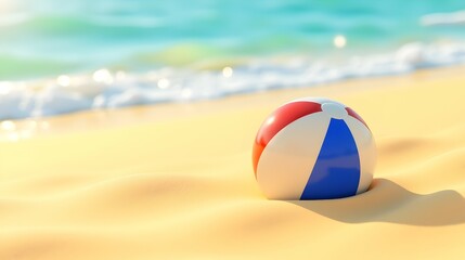 Obraz premium Summer bliss: A vibrant beach ball rests gently on the warm, golden sand, with a tranquil ocean backdrop. Pure relaxation!