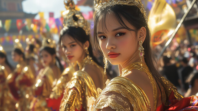 Sinulog Festival parade, line of female dancers in gold and red costumes carrying a statue of the Santo Ni&ntilde;o, energetic percussion music accompaniment, Ai generated images