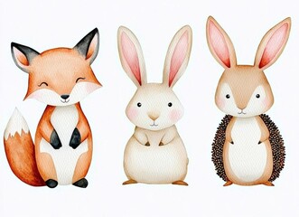 minimal photostock of a  Cute baby fox, deer animal nursery rabbit and bear isolated illustration for children