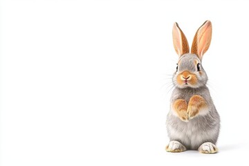 minimal photostock of a  Funny bunny or baby rabbit fur gray with long ears is standing for Easter Day on isolated white background