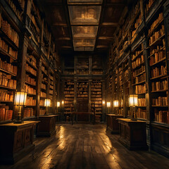 Fototapeta premium A Cursed Library with Decaying Bookshelves, Glowing Runes, and Moving Shadows in Faint Light