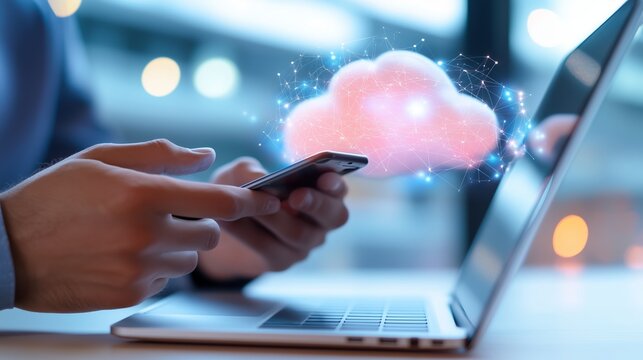Engaging with digital technology using a smartphone and laptop to access cloud services in a modern workspace