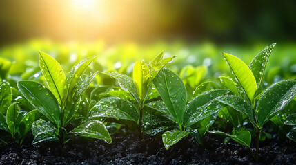 Fresh green leaves glistening with water droplets in sunlight, showcasing nature beauty and vitality. scene evokes sense of tranquility and growth