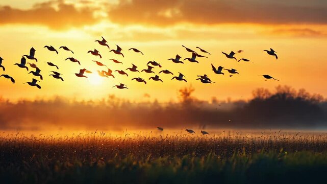 A flock of birds silhouetted against a vibrant sunset over a misty field.