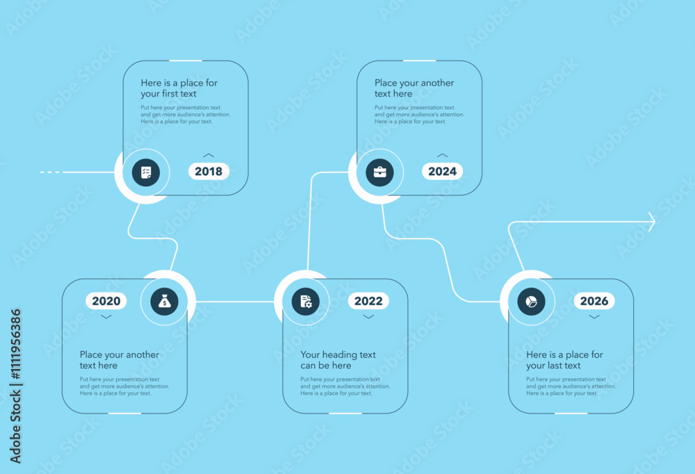 Fototapete Timeline infographic template with five steps - blue version. SImple chart design with icons and thin lines for workflow layout, banner or web design.
