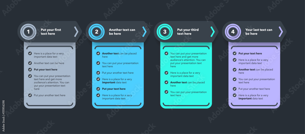 Poster Arrow infographic process template with four colorful steps - dark version. Flat infographic design with numbers for website or data presentation.