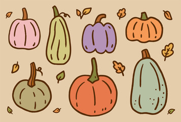 A set of cute autumn pumpkins on a beige background. Vector hand-drawn doodle illustration. Perfect for decorations, menu, logo, various designs.