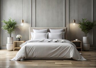 Elegant White Bedding Mockup Featuring Pillows and Duvet Set for Architectural Photography Projects, Ideal for Interior Design Showcases and Promotional Materials