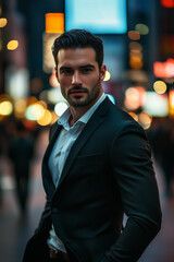 Fototapeta premium handsome man in a black suit, his shirt unbuttoned, posing for the camera against a night city light at New York. hot and attractive billionaire businessman . possessive hero, dark romance book 