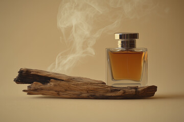 Arabian oud bottle of perfume kept on a wooden piece in studio background.