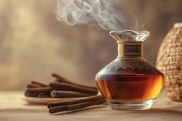 Traditional Arabian oud incense perfume.  Agarwood tree oil  with aromatic sticks in the background