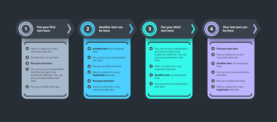 Obraz premium Arrow infographic process template with four colorful steps - dark version. Flat infographic design with numbers for website or data presentation.
