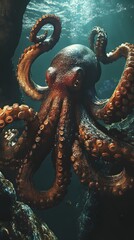 Naklejka premium Underwater Scene with Incredible Commotion of an Octopus, Angry octopus wallpaper