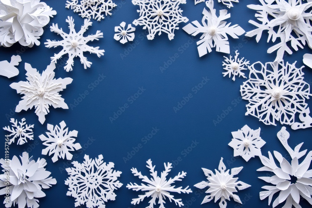 Aufkleber Unique white paper snowflakes arranged on a blue background, creating a decorative border with space for notes or messages. Generative AI