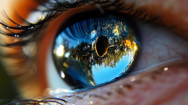 A Close Up View Of An Eye Reflecting A Scene