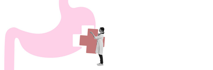 Banner. Contemporary art collage. Doctor inserting puzzle piece into pink stomach, symbolizing medical solutions and personalized treatment for digestive problems. Concept of health care, medicine,