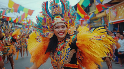 Ati-Atihan Festival in the Philippines, participants wear brightly colored traditional costumes with large feathers and distinctive headdresses, Ai generated images