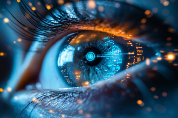 Close up shot of an eye of women  reflecting techno graphics and futuristic ai world with blue and yellow lights.