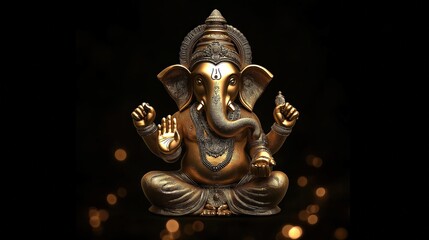 Fototapeta premium Golden statue of Ganesha against a black background