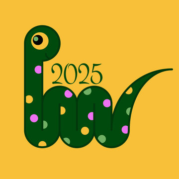 2025 happy new year. Template with snake python symbol of the year on color background.