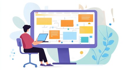 Marketer organizing automated campaign schedule, sequence and timing highlighted on large monitor