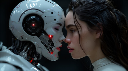 Fototapeta premium Robot Opposite Human Woman in Studio Shot