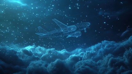 Obraz premium Airplane in flight above starry sky digital artwork cosmic environment aerial view transportation concept
