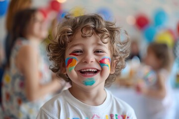 happy child face with painted face, face painting, holiday concept, art of drawing