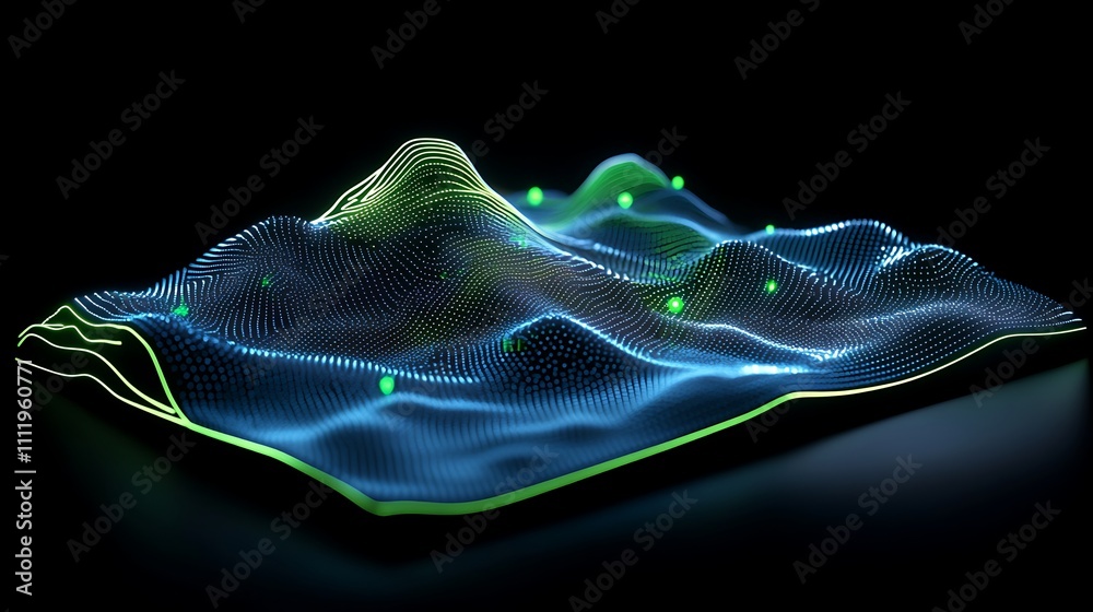Poster abstract 3d visualization of data waves with neon highlights on a dark background for technology the