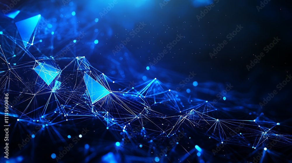 Poster abstract blue background of digital network with geometric shapes and particles for technology conce