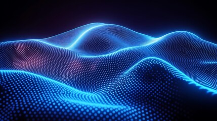 Fototapeta premium Abstract 3D Waves of Neon Dots and Blue Lights Creating a Futuristic Landscape with Depth and Movement