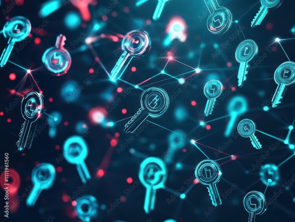 Aufkleber Blockchain encryption keys floating around a secure network hub side view highlighting impenetrability futuristic tone Tetradic Color Scheme