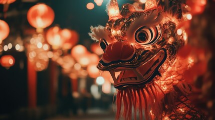Obraz premium Illuminated dragon costume at night festival.