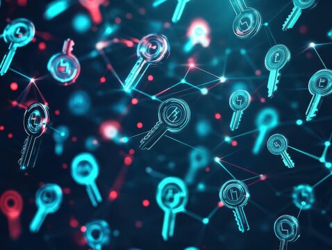 Blockchain encryption keys floating around a secure network hub side view highlighting impenetrability futuristic tone Tetradic Color Scheme