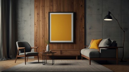 Blank picture frame mock up in modern living room interior with wooden wall panel
