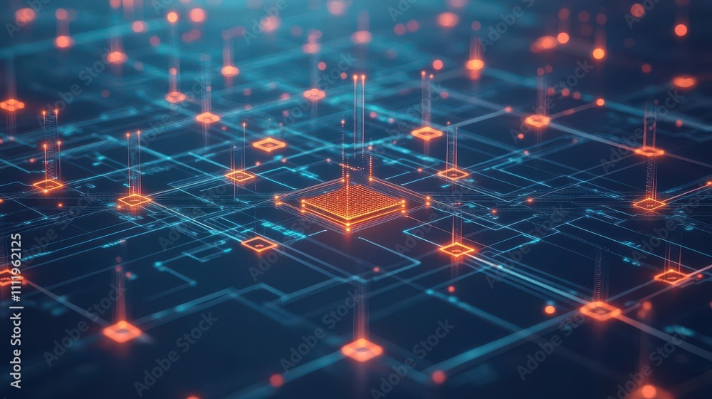 Fototapete Blockchain nodes interconnected with a glowing digital firewall top view symbolizing strong network security digital tone Splitcomplementary color scheme