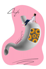 Obraz premium Contemporary art collage. Doctor, woman in medical attire sitting on mechanical stomach with gears, symbolizing health and precision. Concept of health care, human organism, medicine, ambulance