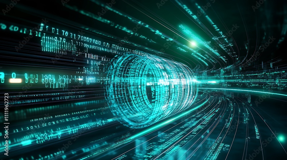 Poster abstract digital data flow with glowing lines and numbers representing speed and technology in motio