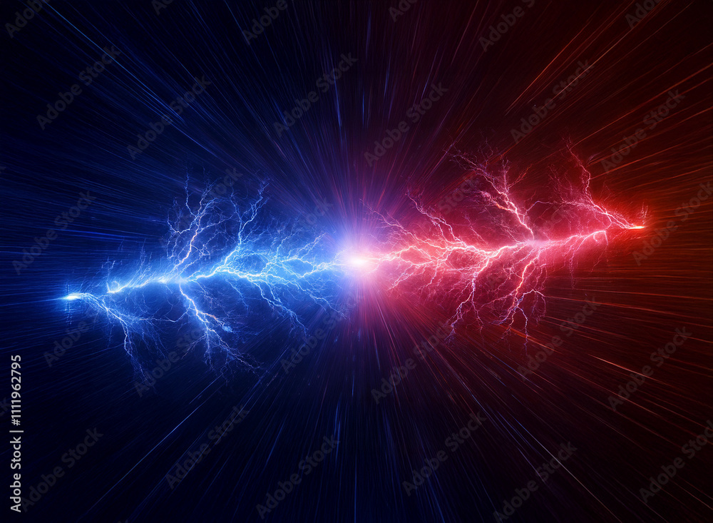 Poster clashing energy streams, blue and red lightning bolts collide in a vibrant, dark background. the opp