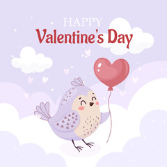 Happy Valentines Day, cute purple bird card with balloon, simple flat style.