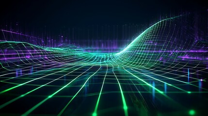 Obraz premium Abstract Digital Landscape with Colorful Light Waves and Grid Pattern in 3D Space