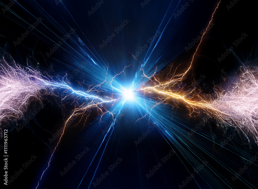 Poster clashing blue and orange energy beams collide in a brilliant burst of light against a dark backgroun