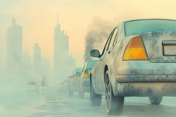Car exhaust under smoggy sky, urban pollution, representing transportations environmental impact