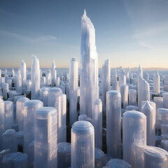 Obraz premium A Floating City of Shimmering Panels and Light Projections with Shifting, Vanishing Buildings in the Sky