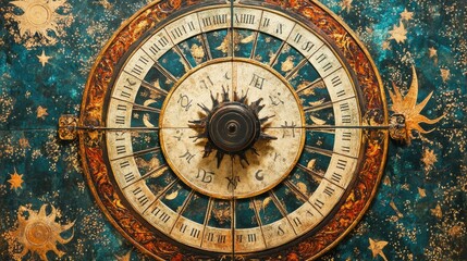 Obraz premium Intricate antique celestial clock face detail; sun, moon, stars, zodiac.
