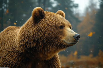 Obraz premium Majestic Brown Bear in Autumn Rain Forest