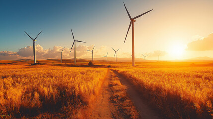 Obraz premium sunset above the spring landscape with wind turbines
