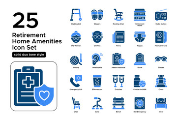 Retirement Home Amenities Solid Duo Tone Icon Set: Wellness Facilities, Recreation, and Daily Comfort Icons