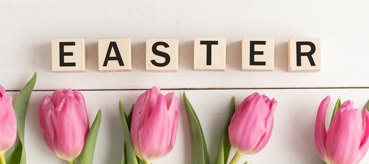 Close-Up Of Easter Text On Wooden Blocks